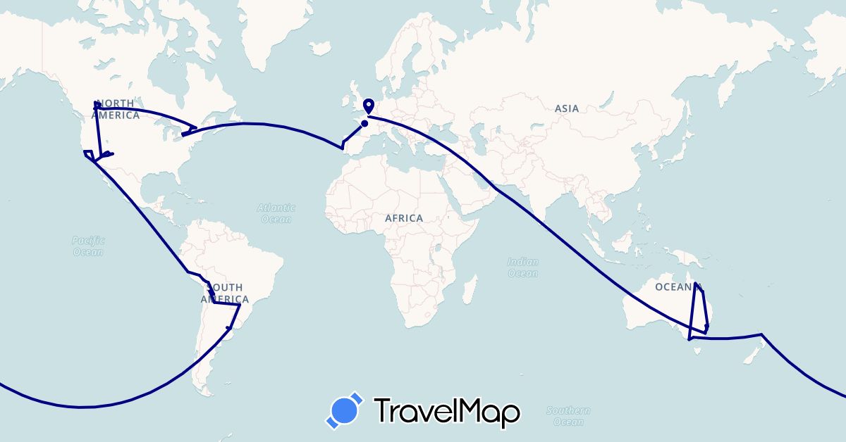 TravelMap itinerary: driving in Argentina, Australia, Bolivia, Brazil, Canada, France, New Zealand, Oman, Peru, Portugal, United States (Asia, Europe, North America, Oceania, South America)